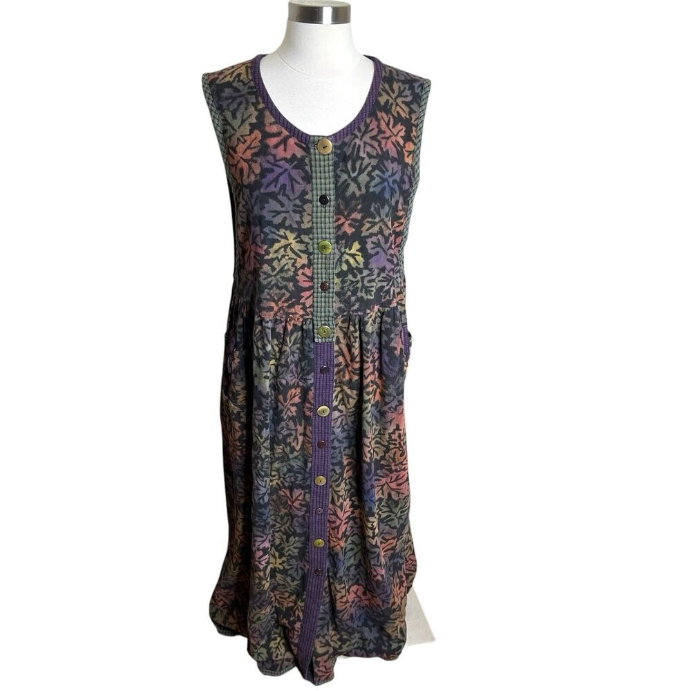 Vintage Winter Sun Dress Womens Medium Earthy Multicolor Leaf Print Button Front